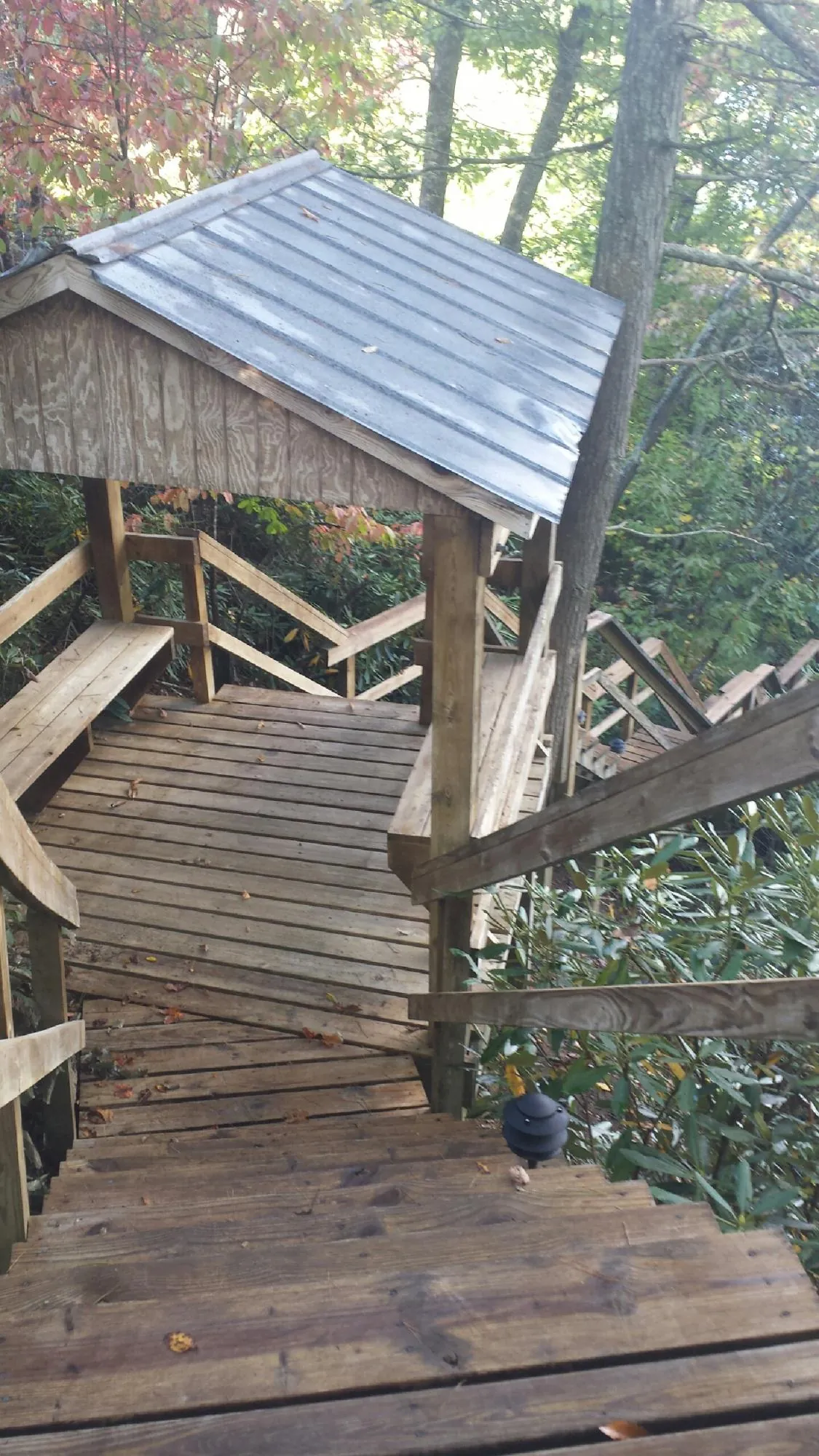 Metal roofed shelter over wooden steps on a wooded walkway — Skylight Repair & Installation work by our crew in Hiawassee